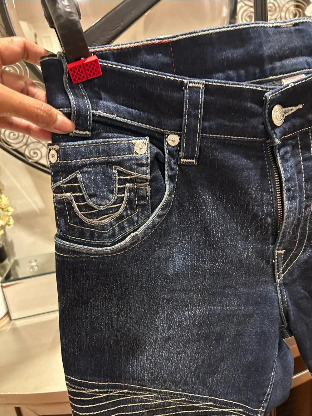 True Religion Men's Dark Indigo Moto Slim Straight Jeans